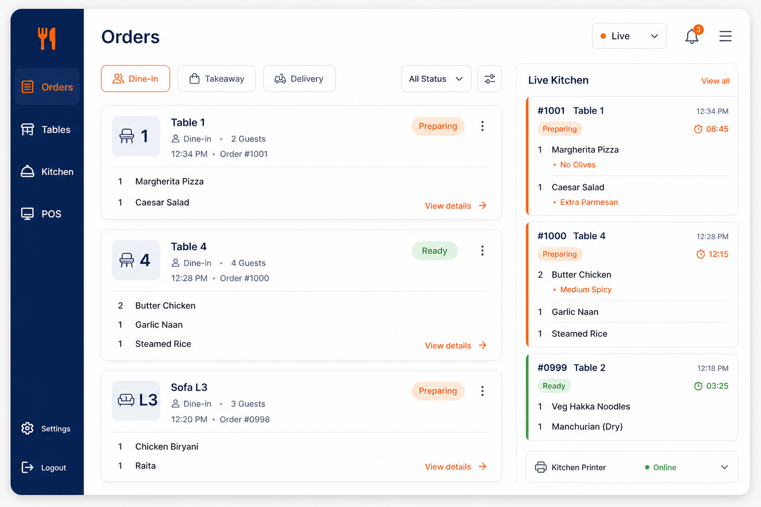 BST360 Restaurant order management dashboard